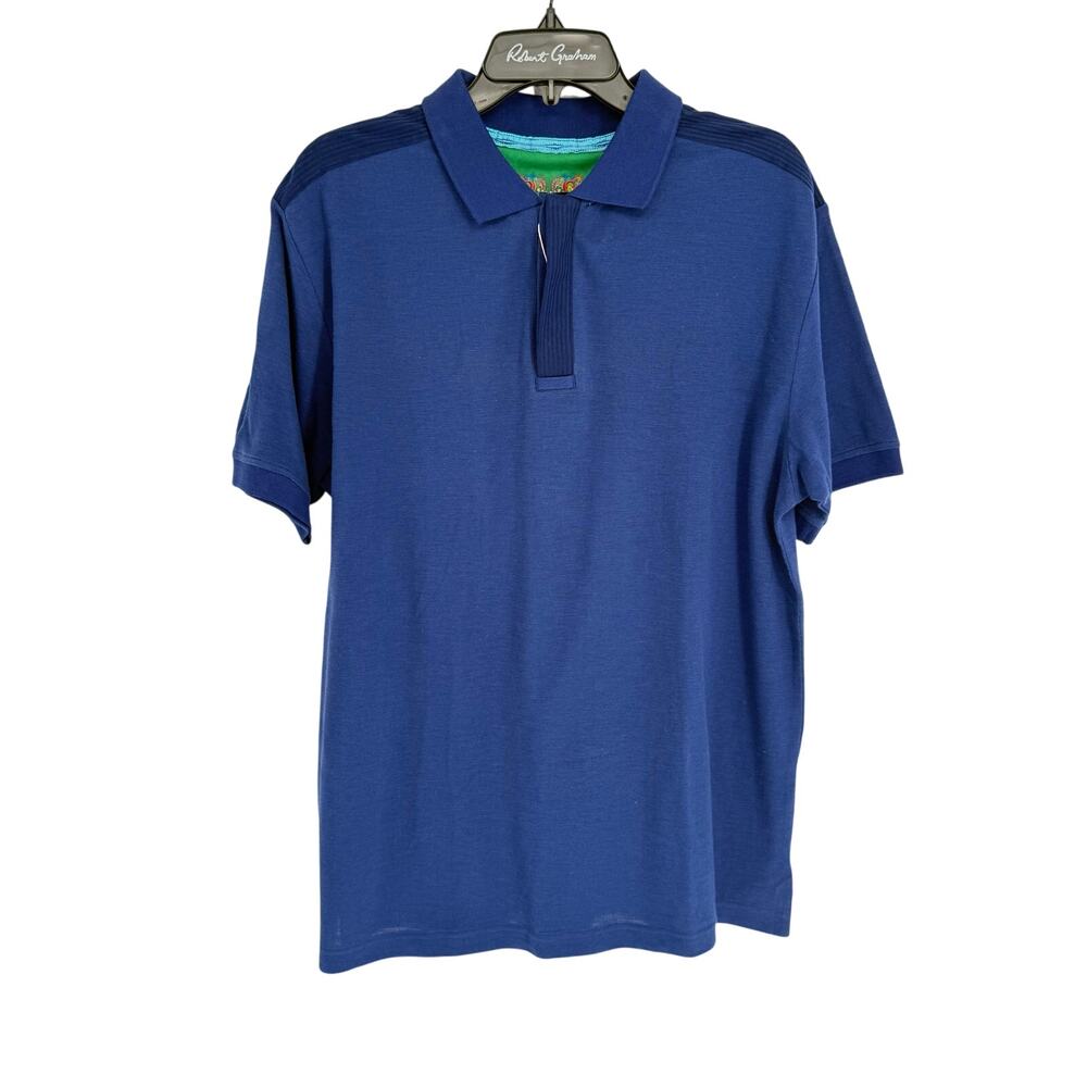 Robert Graham Short Sleeve Knit Polo Shirt Solid Navy Blue L